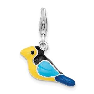 925 Sterling Silver Polished 3-D Enameled Bird Bracelet Charm Lobster Clasp